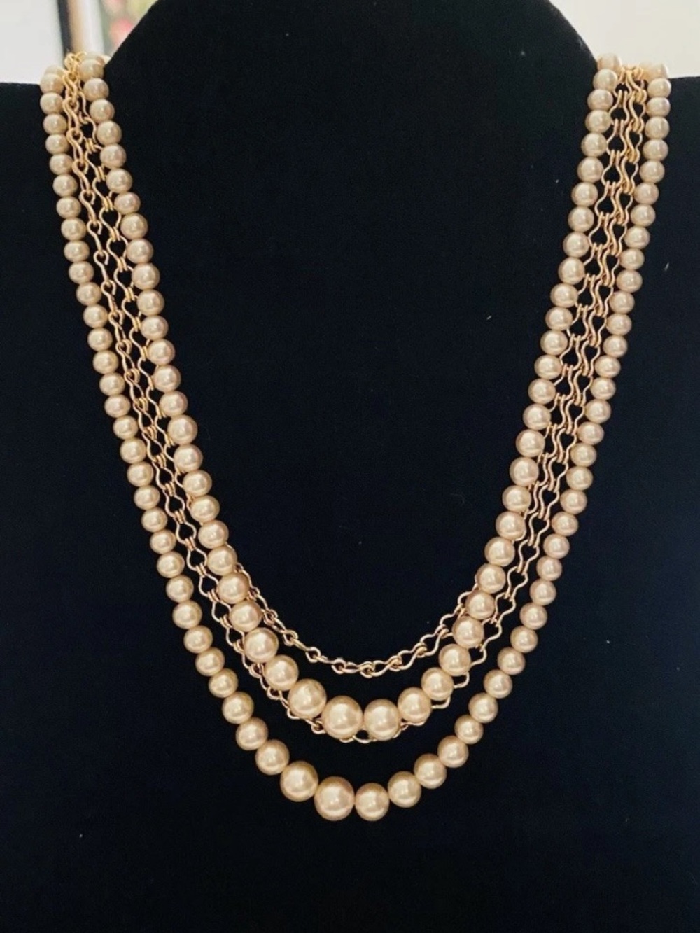 Vintage Reinad 4 Tier Faux Pearl Necklace Multi Strand Gold Toned Chain Signed